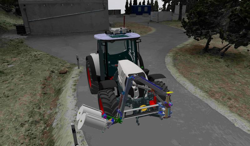 In der Simulation des digitalen Zwillings des Reallabors für autonome Arbeitsmaschinen reinigt der autonome Traktor mit Ausleger und Arbeitsgerät einen Leitpfosten. Ausführende Forschungseinrichtung ist das Fraunhofer IOSB-AST in Ilmenau. 
