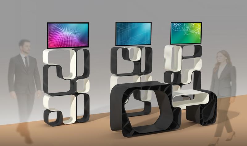 	Rendering of the Fraunhofer IWU booth at Formnext. Visitors can view the exhibits from multiple sides in the freestanding elements.