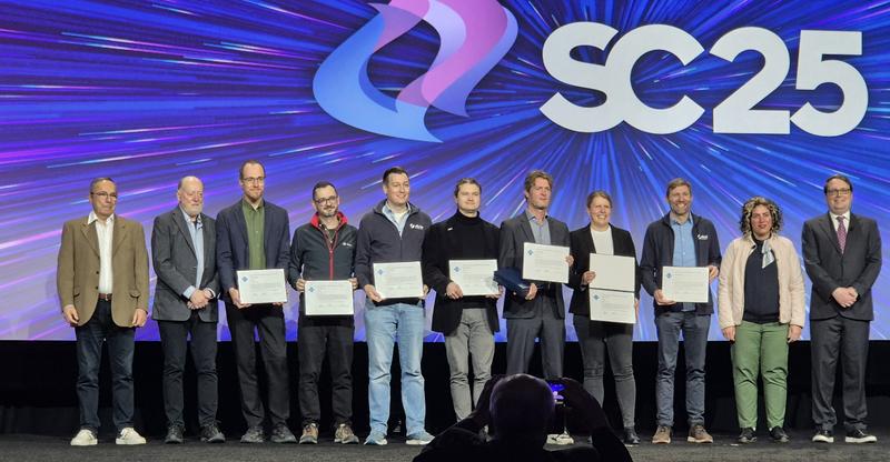 Representatives of the research team consisting of MPI-M, DKRZ, JSC, ETH Zurich, the Swiss National Supercomputing Centre, the University of Hamburg, and NVIDIA accepted the Gordon Bell Prize for Climate Modelling at the SC25.