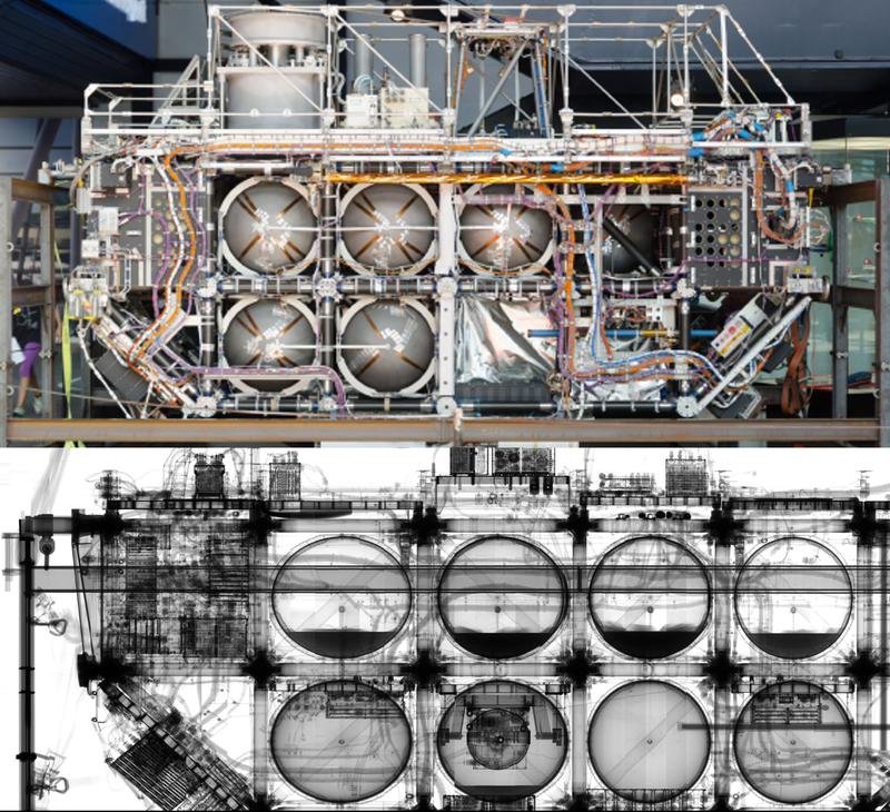 Röntgenaufnahmen von «EURECA» zeigen die Treibstoff- und Gastanks mit Resten der Reinigungslösung sowie das modulare «Skelett» des Satelliten.