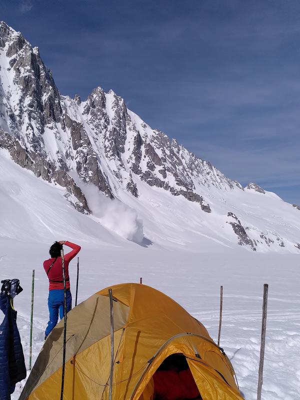 Large avalanche on Argentière Glacier seen from our base camp (France, May 2023). Credit: Marin Kneib 