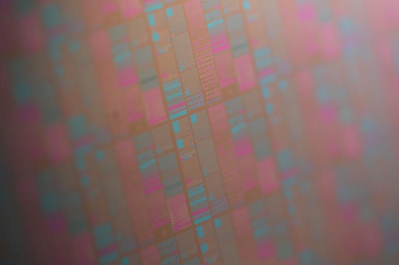 Close-up (Dieshot) of ferroelectric memory chips on a 300 mm wafer from Fraunhofer IPMS