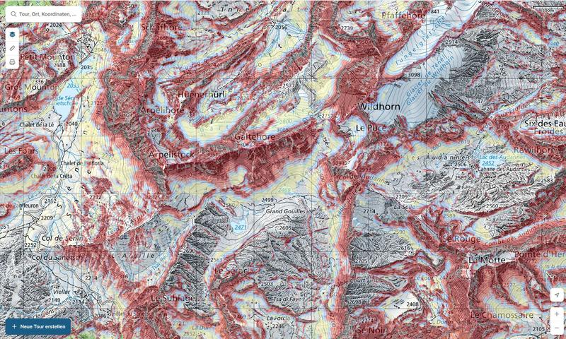 The CAT map shows the avalanche starting zones in red and the runout zones in blue and yellow. 