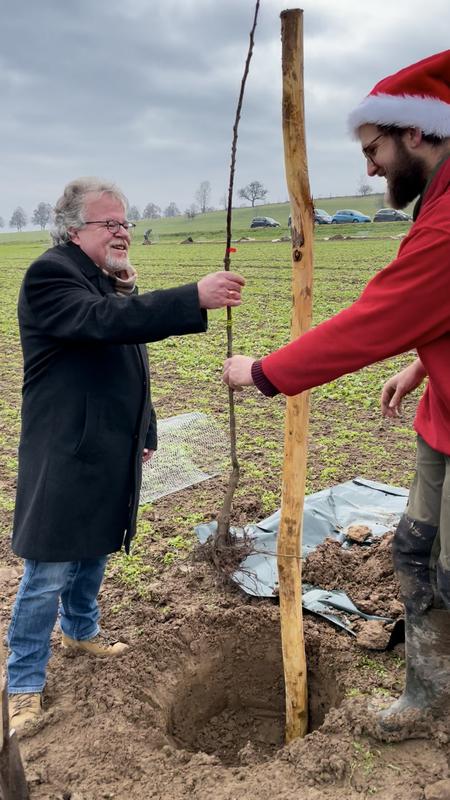 Prof. Dr. Ralf Vögele, Dekan der Fakultät Agrarwissenschaften der Universität Hohenheim und Michael Cormann von der Hohenheimer Koordinationsstelle Agroforst mit dem ersten Baum der neuen Agroforst-Versuchsanlage.