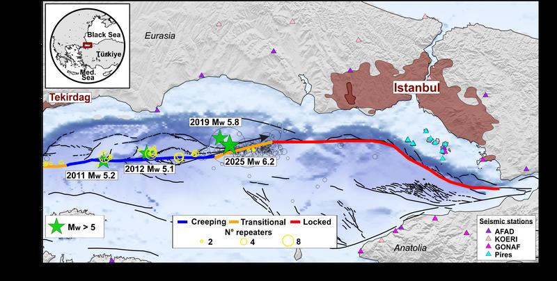 Analysierte Erdbebenfolge entlang der Marmara-Verwerfung im Marmara-Meer vor der Megacity Istanbul: Grüne Sterne markieren mittelschwere Beben einer Stärke von M>5, Kreise verschiedener Größe die Nachbeben. Die zeitliche Abfolge zeigt die Ostwärtsbewegung