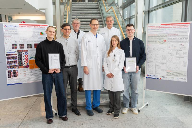 Ausgezeichnete Forschung am HDZ NRW: (v.l.) Jonas Reckmann, Dr. Andreas Brodehl, Prof. Dr. Hendrik Milting, Prof. Dr. Volker Rudolph, Prof. Dr. Jan Gummert, PD Dr. Anna Klinke, Fabian Bojku