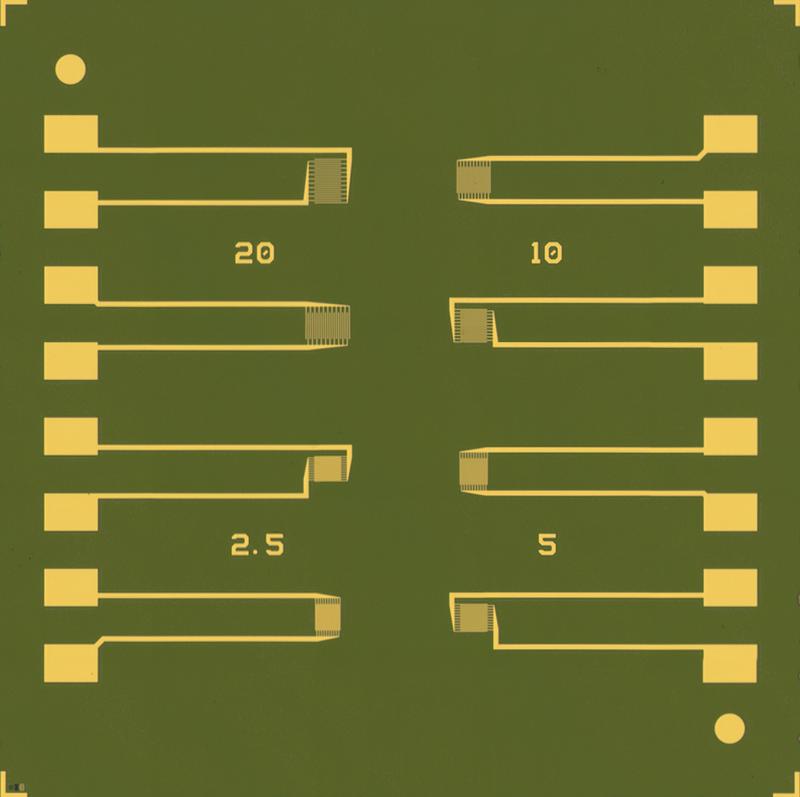 Chip AX1580 (15×15 mm²) features 8 gold interddigital electrode pairs, 10 mm channel width, and channel lengths of 2.5, 5, 10, and 20 µm. The chip can act as a gate electrode with a 230 nm SiO₂ gate oxide.