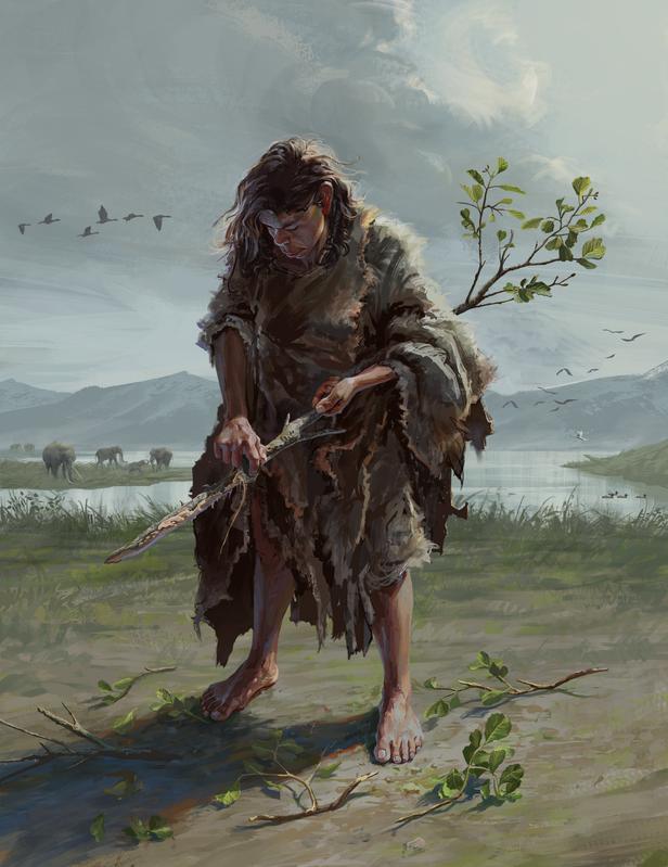An artist’s reconstruction of a Marathousa 1 paleolithic woman producing a digging stick from a small alder tree trunk with a small stone tool. This kind of wood was used for the Marathousa 1 digging stick.