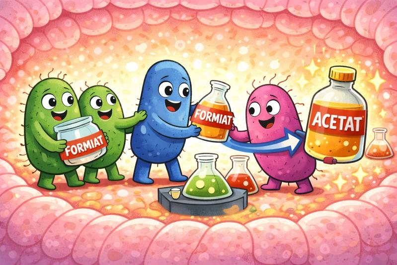 Formiat-Transfer zwischen Arten: Formiat wird von verschiedenen Bakterien produziert und von Blautia luti aufgenommen, das daraus Acetat produziert. B. luti kann Formiat auch selbst herstellen