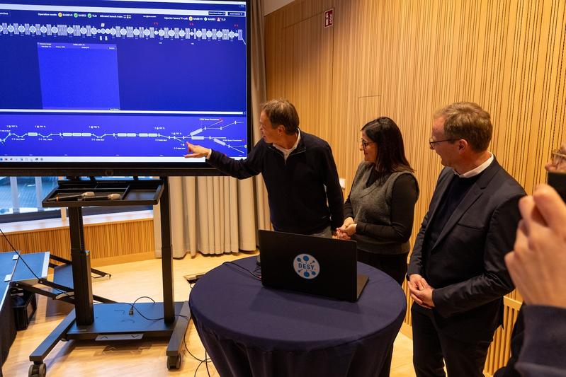 Winni Decking (DESY), Hamburg's Senator for Science Maryam Blumenthal and Guido Wendt, State Secretary in the Ministry of Education, Science, Research and Culture of the State of Schleswig-Holstein restart the accelerator.