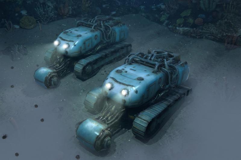 Abbaufahrzeuge durchpflügen den Meeresboden 