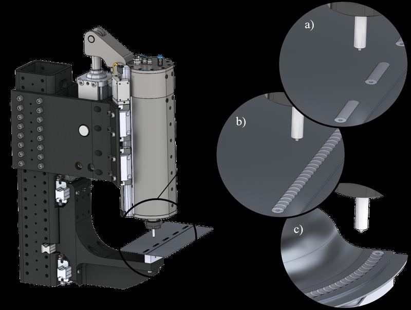 CAD-Entwurf des zweiten Prototyps der Rührreibschweißzange (Steppwelder) mit verschiedenen Welding-Modes zur Erstellung von Punkt-, Linien- oder 3D-Nähten.