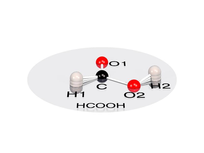 Trembling hydrogen: Even at absolute zero, the two hydrogen atoms H1 and H2 of formic acid vibrate and thereby protrude from the plane of carbon (C) and oxygen (O).