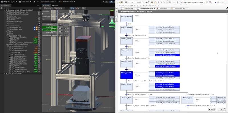 Screenshot einer Prüfungsleistung: links das selbst entwickelte und konstruierte Umgreifmodul in einer Simulation, rechts MTP-kompatibler Steuerungscode