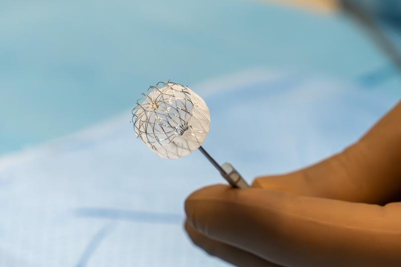 Mit diesem Implantat - einem sogenannten Okkluder - kann das linke Vorhofohr über einen Katheter verschlossen werden.