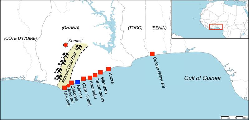 Ashanti-Goldgürtel: 1 = Konongo, 2 = Obuasi, 3 = Mampon, 4 = Bogosu, 5 = Prestea. Die britischen Festungen des frühen 18. Jahrhunderts, die die „Whydah Gally“ evtl. angelaufen hat, sind rot markiert. Blau: niederländisches Hauptquartier in Westafrika. 