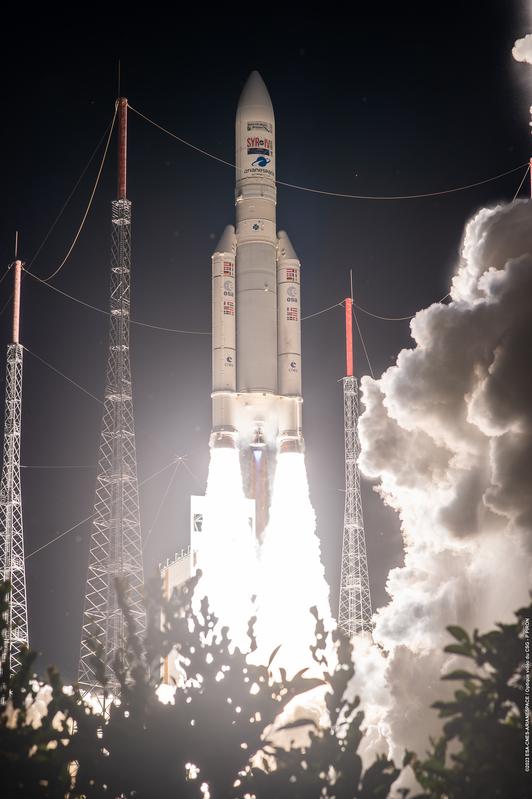Launch of Ariane 5 VA261 on 5 July 2023 from Europe’s Spaceport in French Guiana, carrying the German Heinrich-Hertz and French Syracuse-4B satellites. Flight VA261 was the final Ariane 5 flight. Next, Ariane 6!