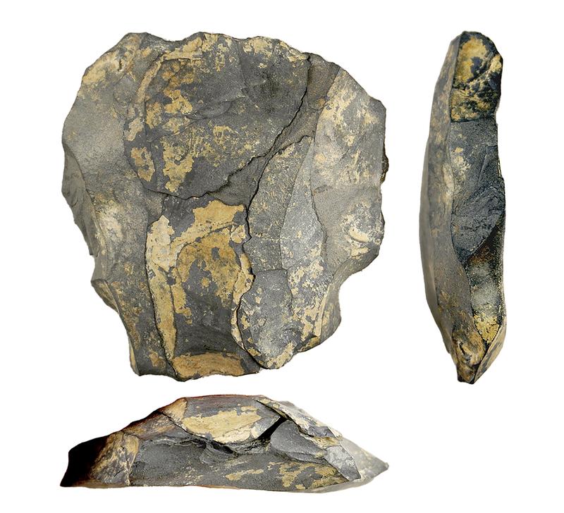 A reassembled stone artifact – known as a refit – found at the Jojosi 1 site, from three perspectives. The last three strikes made by a human knapper are visible in this 3D refit, which consists of four conjoining fragments. 
