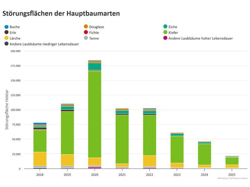 Diagramm mit Störungsflächen nach Hauptbaumarten und Störungsjahren.