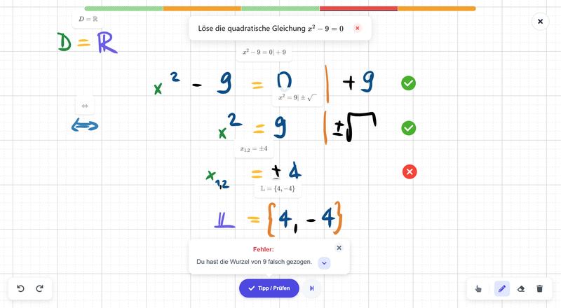 Die ersten beiden Rechenschritte waren korrekt, beim dritten wurde ein Fehler gemacht. Die App Living-Lines zeigt das sofort an.