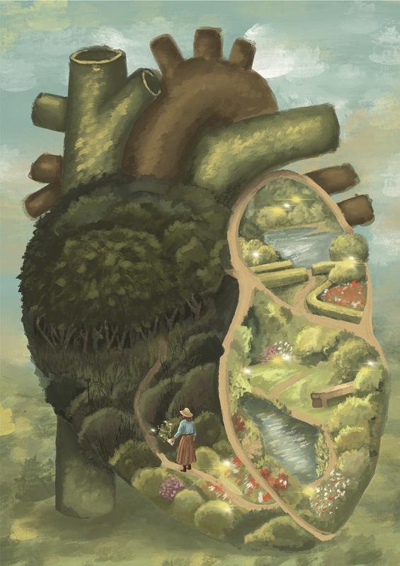 Herz als Garten: Während ein Teil überwuchert und aus dem Gleichgewicht gerät, entsteht durch gezielte Intervention wieder Ordnung. Illustration zum neuen Therapieansatz, bei dem mit der CRISPR-Technologie die Aktivität von KLF15 wiederhergestellt wird. 