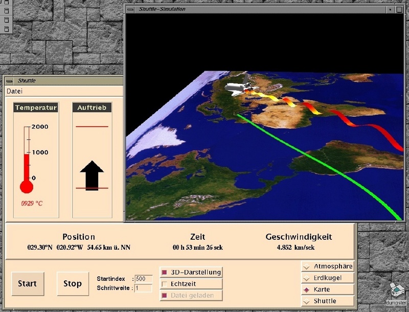 Flugsimulator für das Space Shuttle mit interaktivem Kontrollfenster und wählbarem Graphikfenster. Berechnung des Lenkgesetzes, Flugsimulation und Graphikausgabe laufen verteilt auf 3 verschiedenen Rechnern.