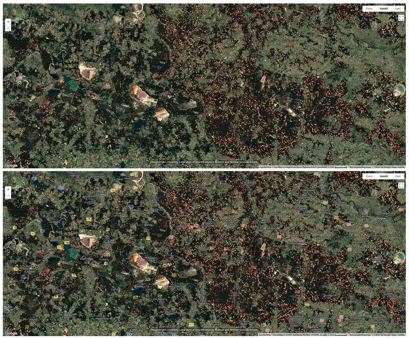 Satelliten-Aufnahmen der ostdeutschen Grenzregion Brandenburg – Sachsen – Polen. Vergleichsweise intensivere Waldbewirtschaftung in Polen. Ebenfalls sichtbar ist die Ausweitung der Tagebaue auf deutscher Seite.