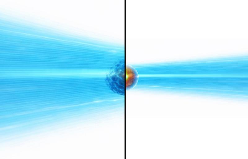 Veranschaulichung des Fusionsprozesses – Fehlgeschlagene Fusion durch nicht-optimierte Laserparameter (l.); Zündung mit idealen Laserparametern durch räumliche und zeitliche Glättung und Focal-Zooming-Methoden, welche in LASE-FUSE untersucht werden (r.)