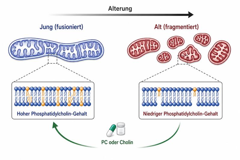Phosphatidylcholin ist für die Mitochondrien-Funktion wichtig. Seine Produktion nimmt mit dem Alter ab, was die Energieproduktion der Zellen beeinträchtigt. Eine ausreichende Zufuhr über die Ernährung kann die Funktion der Mitochondrien wiederherstellen.