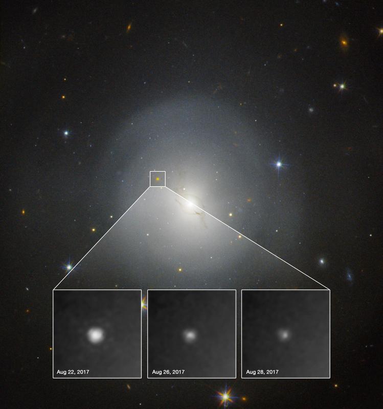 Am 17. August 2017 konnte in der Galaxie NGC 4993 die Kollision von zwei Neutronensternen mithilfe von Gravitationswellenmessungen beobachtet werden. Das stellare Leuchten, eine Kilonova, ist in den Beobachtungen des Hubble-Teleskops zu erkennen.