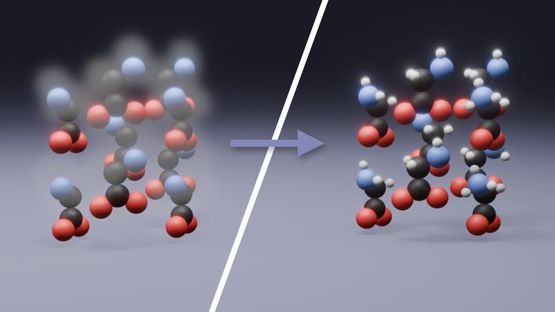 Bei der Inpainting-Methode wird die künstliche Intelligenz darauf trainiert, eine bekannte Kristallstruktur (blaue, schwarze und rote Kugeln) beizubehalten und nur die fehlenden Wasserstoffatome (links verschwommen, rechts als weisse Kugeln) einzufügen.