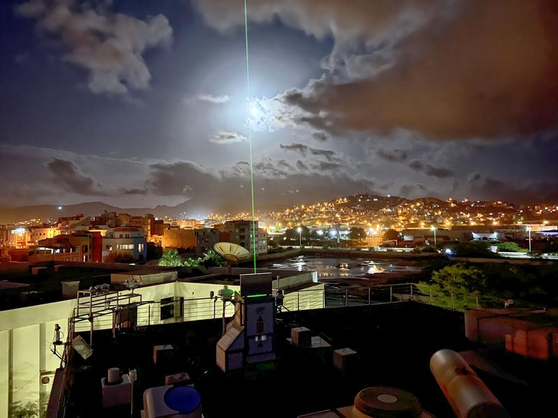 The distinctive green laser beam over Mindelo Bay. 