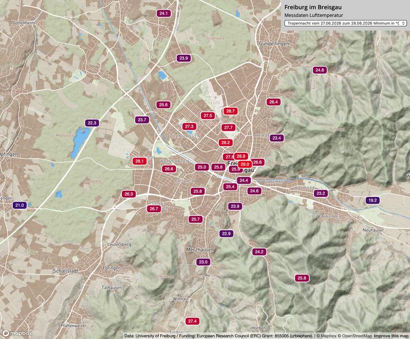 Die Grafik zeigt die nächtlichen Minimaltemperaturen in der Nacht vom 27. auf den 28. Juni 2026 – der bislang wärmsten Nacht der Hitzewelle – in Freiburg und dem Umland. Die Daten stammen von den Wetterstationen der Universität Freiburg auf Straßenebene.