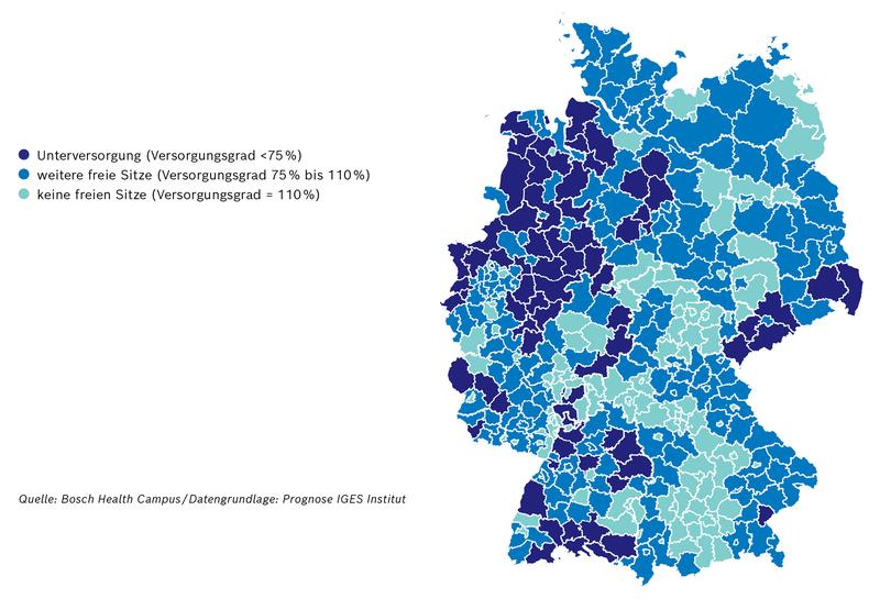 Hausärztliche Unterversorgung im Jahr 2040 nach Landkreisen: 19 Prozent aller deutschen Landkreise werden laut Prognose 2040 hausärztlich unterversorgt sein. Sie befinden sich oftmals in ländlichen Regionen und verteilen sich über fast alle Bundesländer.