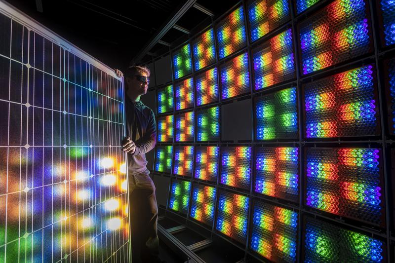 New multispectral solar simulator developed for measuring perovskite-silicon tandem solar cells.  and modules