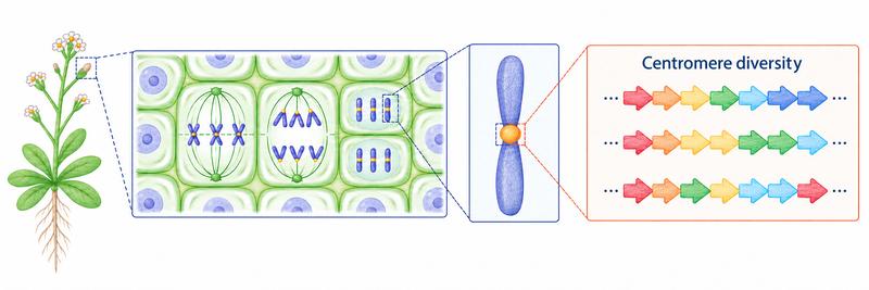 Centromeres help chromosomes separate correctly during cell division, yet their DNA sequences can differ substantially. The illustration shows dividing cells and, on the right, the centromere and its diverse, repetitive DNA sequences.