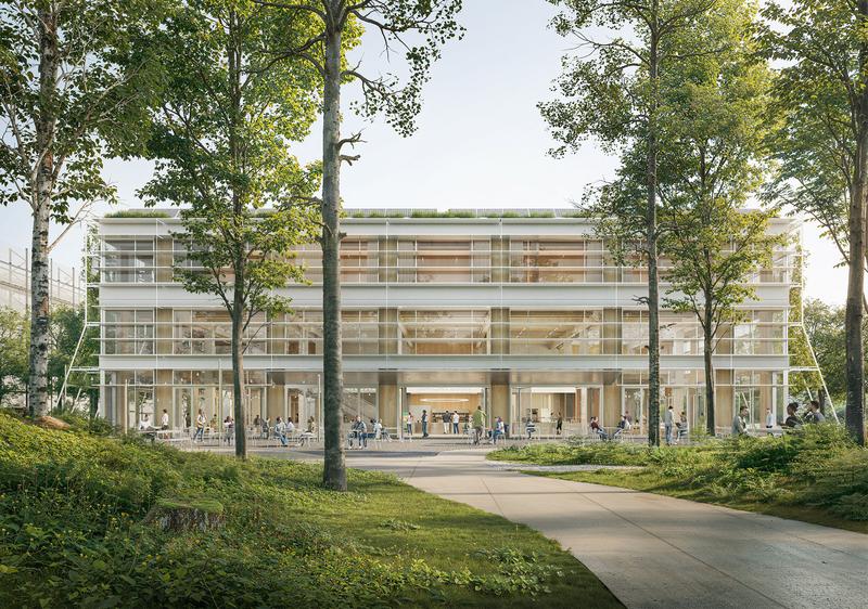 Blick auf die neue Mensa mit ihrem großzügigen Entree zum Campusplatz.