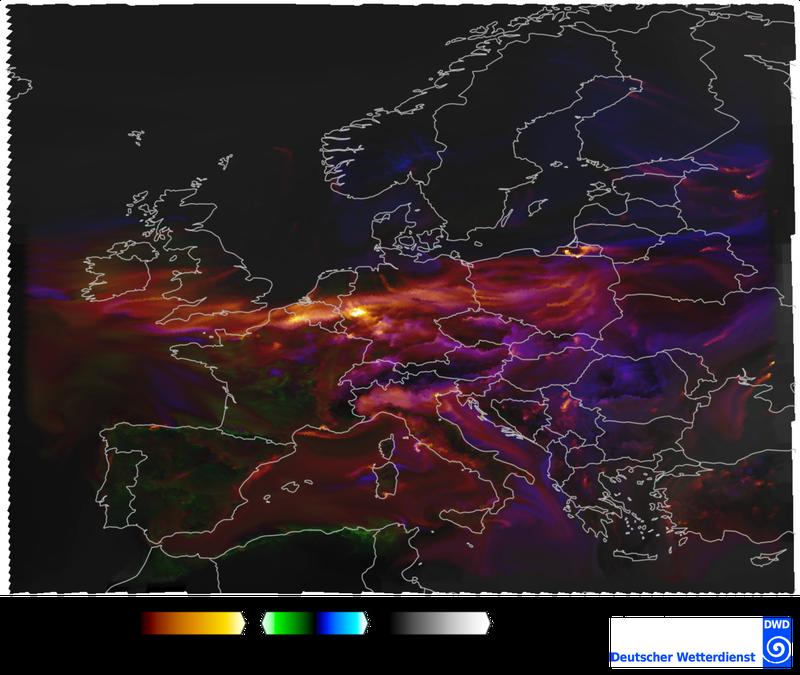 Exemplary visualization of changes in CO₂ concentrations due to anthropogenic (red) and natural sources (blue) as well as natural sinks (green) on 1st April 2021 at 12:00 UTC, simulated with ICON-ART 