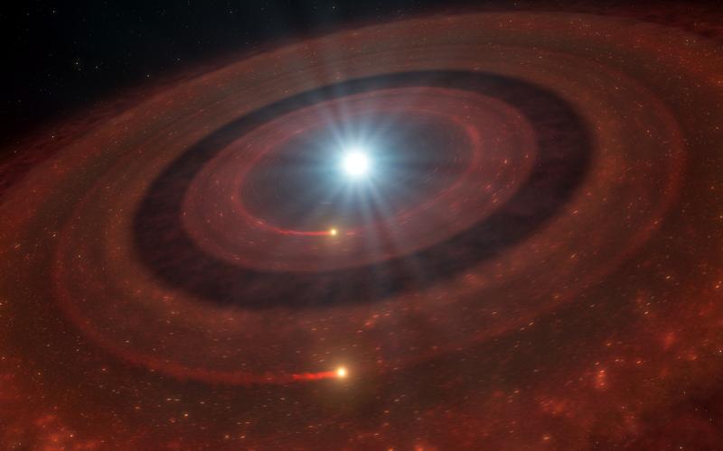 Künstlerische Darstellung der Trümmerscheibe um den Weißen Zwerg J1328-1450
