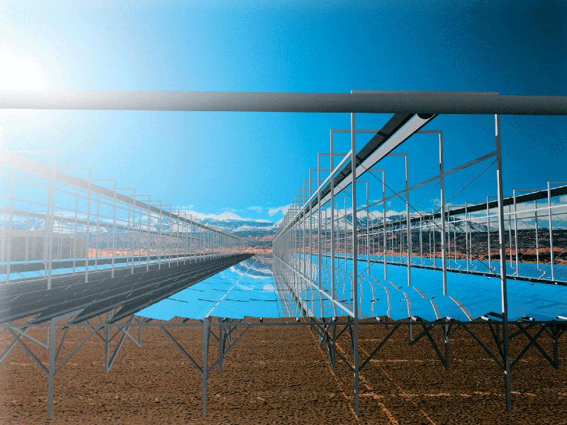 Visualisierung eines Fresnel-Kollektor-Solarfelds. ©Fraunhofer ISE