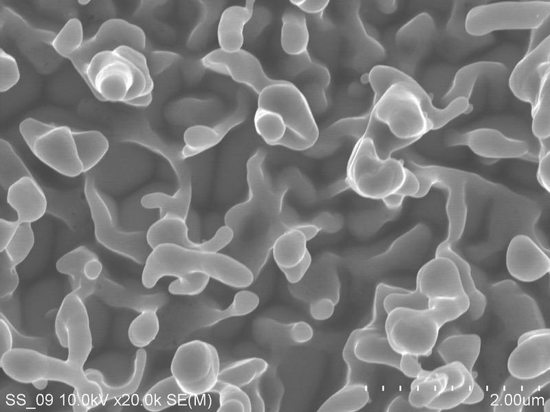 REM-Draufsicht auf die modifizierte nanoporöse Edelstahloberfläche: Die Erhöhung der implantierten Ionendosis resultiert in der Bildung von nanoporösen Schichten mit Inseln und Erhebungen