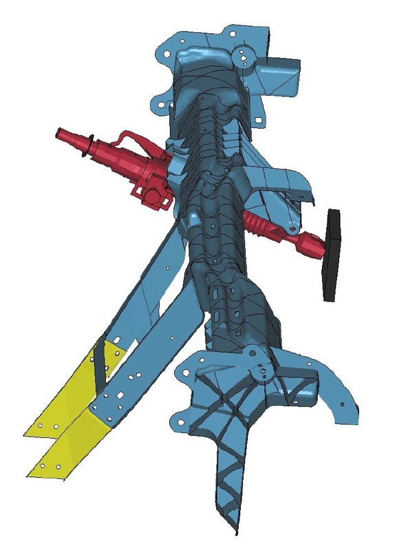Finite-Element-Modell des aus Magnesium gegossenen Instrumententafelträgers (blau). Verbindungen bestehen zur Lenksäule (rot) und zur Stahlkarosserie (grün) des Opel Vectra. ©Fraunhofer IWM