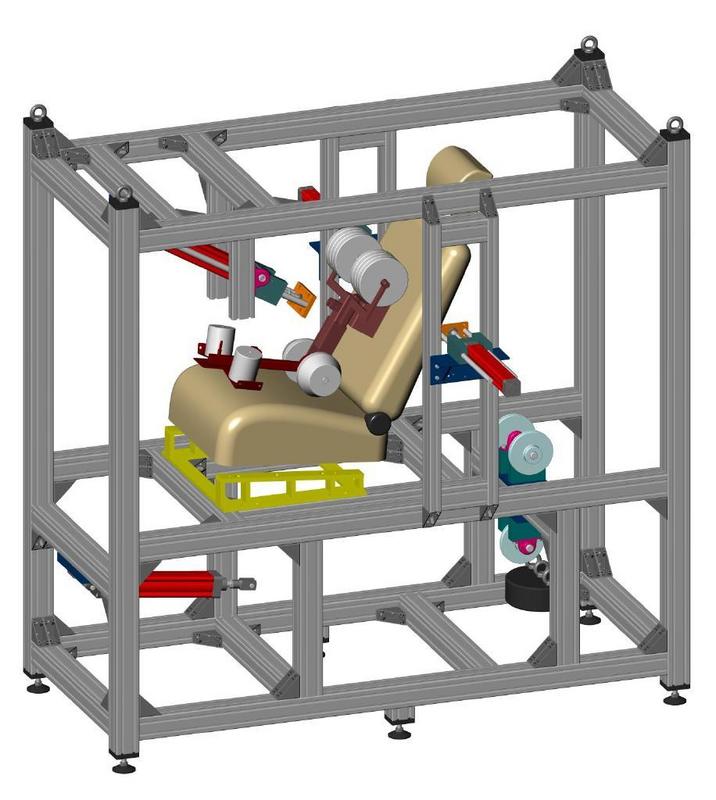 In dem zwei Meter langen, ein Meter breiten und 1,80 Meter hohen Prüfstand werden der Verschleiß und die Belastbarkeit von Autositzen kontrolliert.