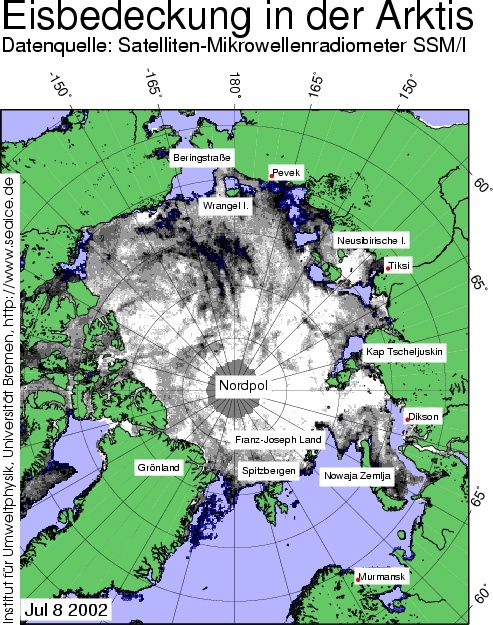 Das Foto zeigt die Eiskonzentration berechnet aus Satellitendaten (SSM/I-Sensor) mit Hilfe des von Lars Kaleschke entwickelten ARTIST SEA ICE (ASI) Algorithmus. "ARTIST" steht für  Arctic Radiation and Turbulence