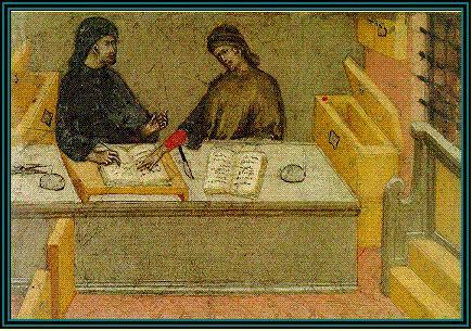 Kommunale Schreiber beim Abgleichen von Rechtsbüchern (Siena 1394)