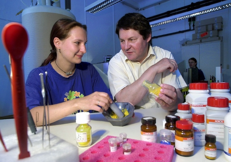 Im Festkörper-NMR-Labor der TU Chemnitz untersuchen Prof. Stefan Spange und seine Mitarbeiterin Isabelle Roth eine funktionalisierte Polyelektrolytschicht, die chemisch auf Kieselgel-Partikel aufgebracht wurde. (Foto: TU Chemnitz / Uwe Meinhold)