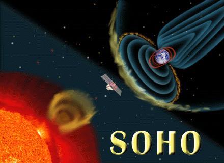 Die Sonde SOHO im Sonnenwind vor der durch ihr Magnetfeld geschützten Erde