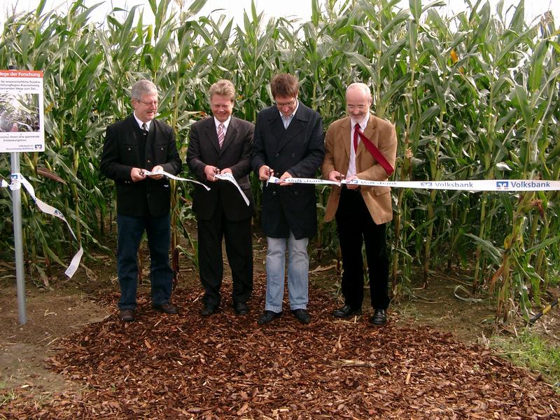 Der FAL-Präsident Prof. Dr. Hans-Joachim Weigel eröffnet zusammen mit Gerold Leppa von der Stadtmarketing GmbH, Prof. Dr. Joachim Klein und Heinz-Joachim Westphal Gebietsdirektor der Volksbank eG Braunschweig Wolfsburg offiziell das Maislabyrinth.