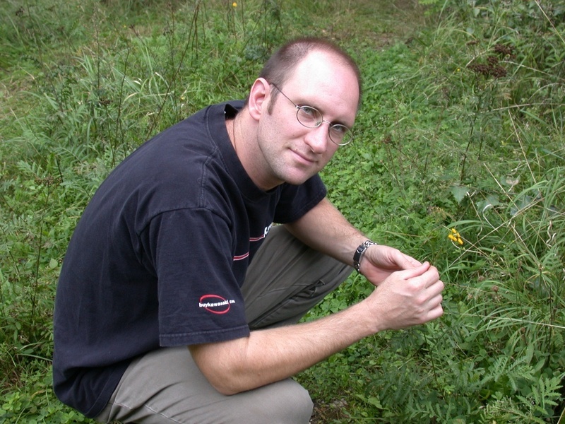 Der amerikanische Insektenkundler Prof. Siemann untersucht in den Jenaer Saaleauen eine Pflanze auf Fraßschäden durch Insekten.