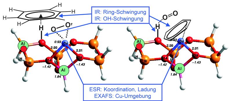 Zwei Szenarien der Adsorption von Benzol und Sauerstoff an katalytischen Kupfer- und Säurezentren eines Zeolithen. Die Pfeile zeigen auf die Stellen, die mit den ge-nannten spektroskopischen Methoden empfindlich untersucht werden können. (Gra-fik: Universität Stuttgart)